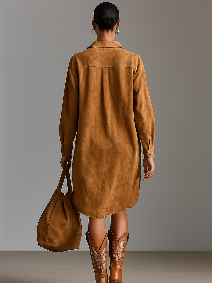 Embroidered Suede Midi Dress with Long Sleeves and V-Neck
