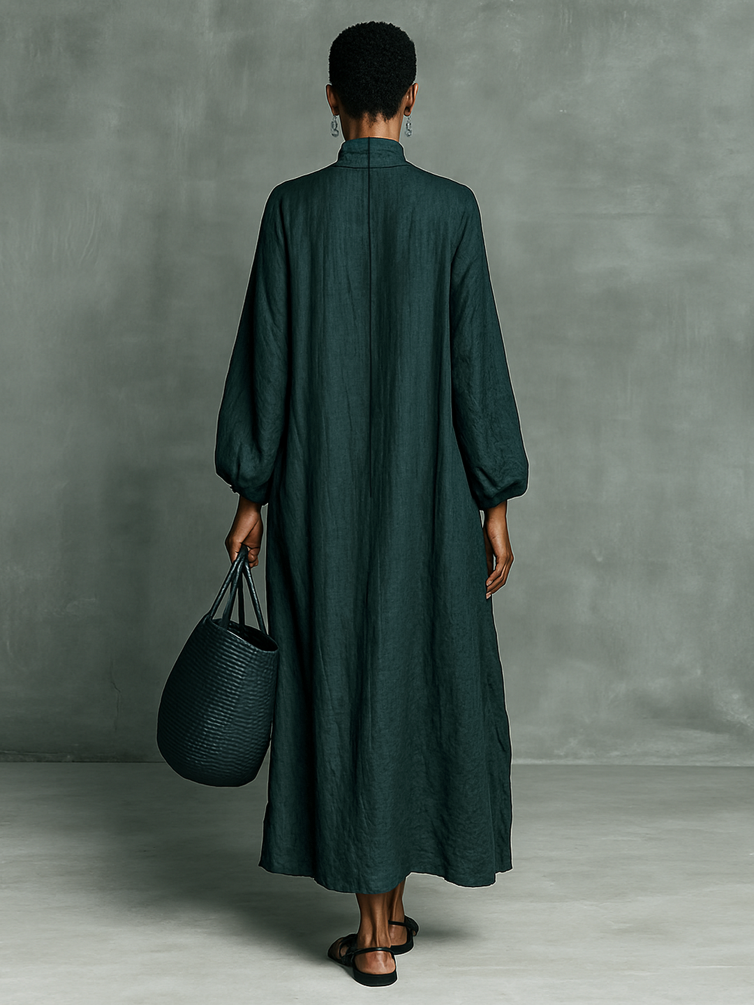 Cotton Linen Maxi Dress with Embroidered Shoulders