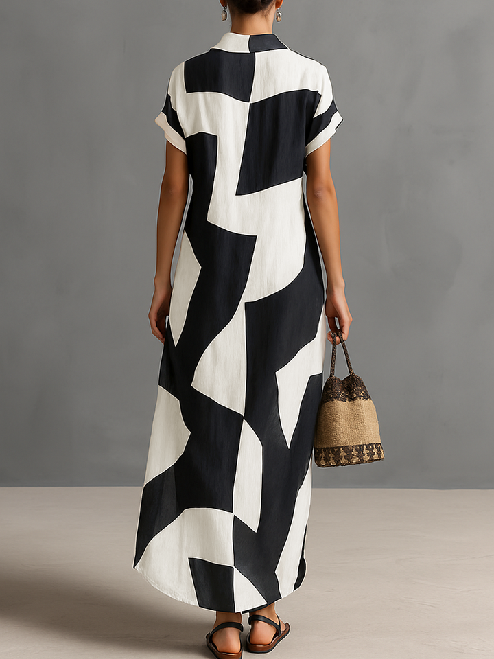 Geometric Print Shirt Dress for Women - Cotton Linen Maxi Dress
