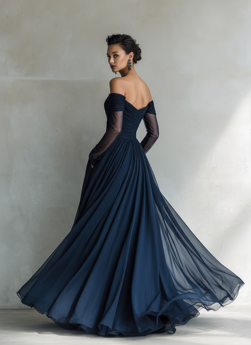 Off Shoulder Maxi Dress in Dark Blue Chiffon for Special Occasions