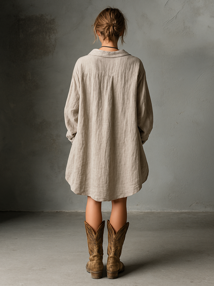 Cotton Linen Shirt Dress with Button Front and Collar