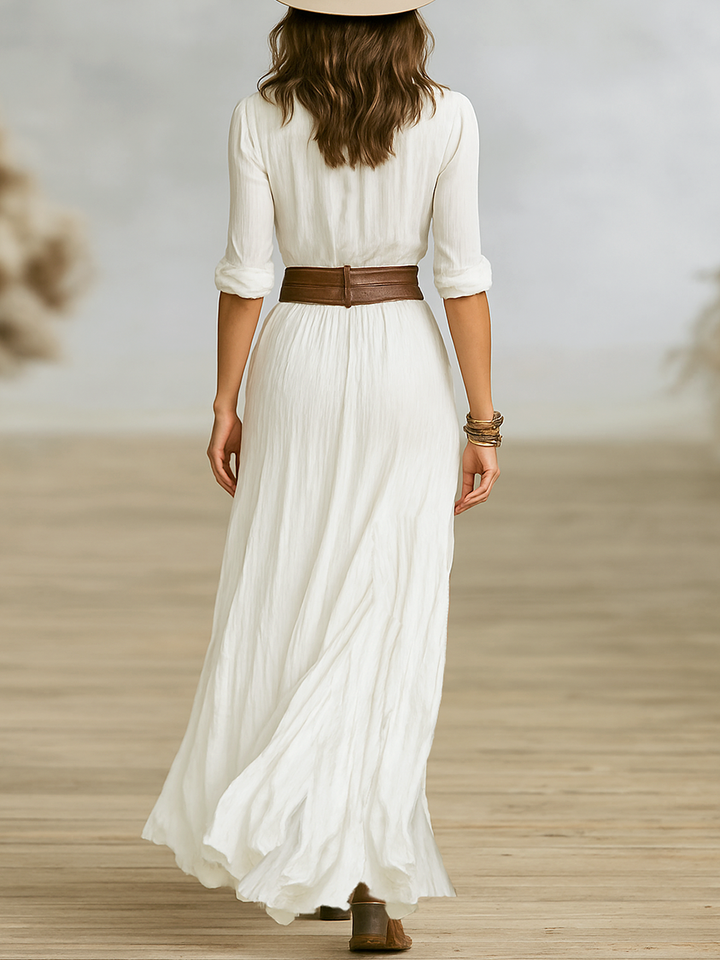 Button Front Maxi Dress with Pleated Skirt and Long Sleeves