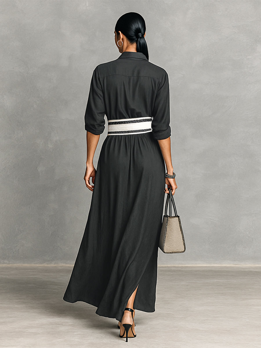 Long Sleeve Maxi Dress with Button Front and Waist Detail