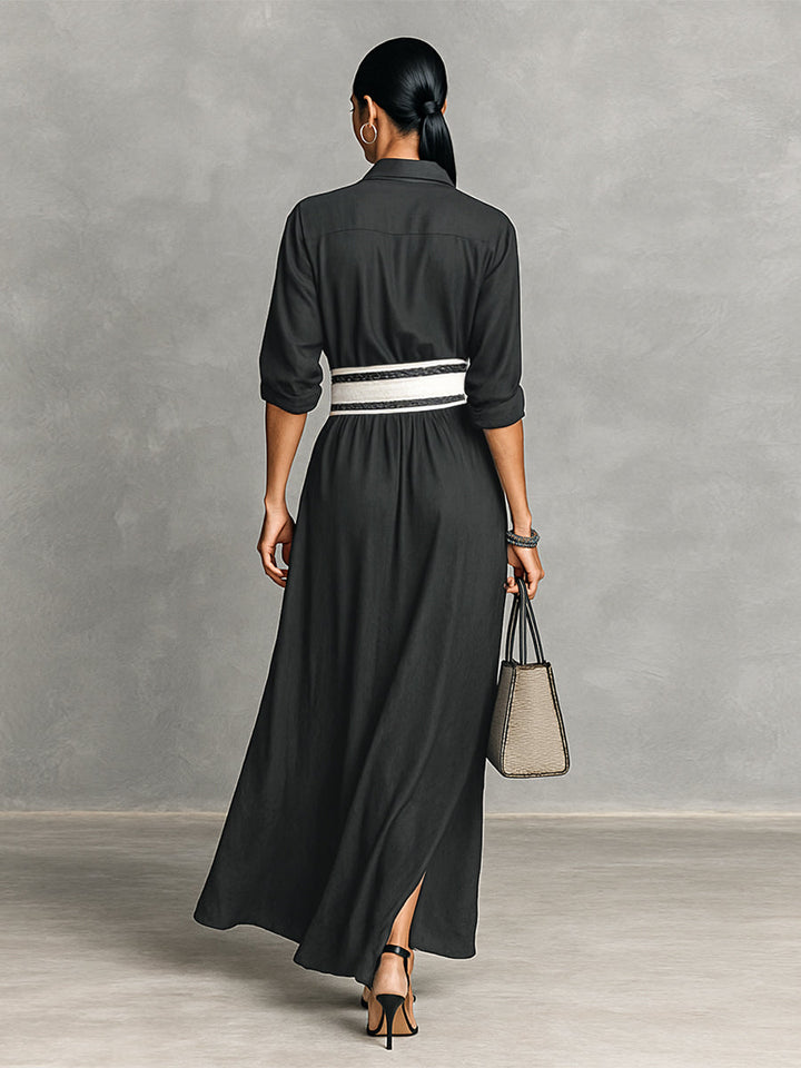 Long Sleeve Maxi Dress with Button Front and Waist Detail