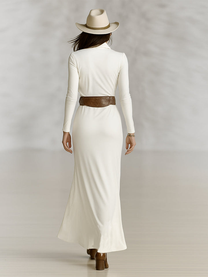 Long Sleeve Maxi Dress with Lapel Collar and Cinched Waist