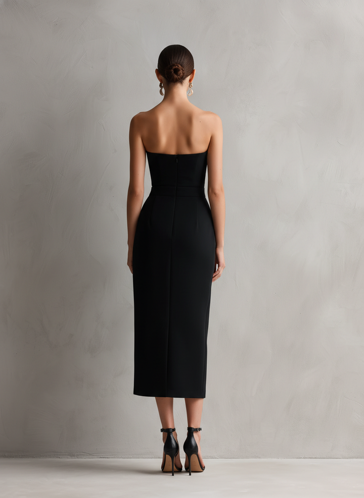 Strapless Bodycon Midi Dress - Black Stretch Cocktail Dress
