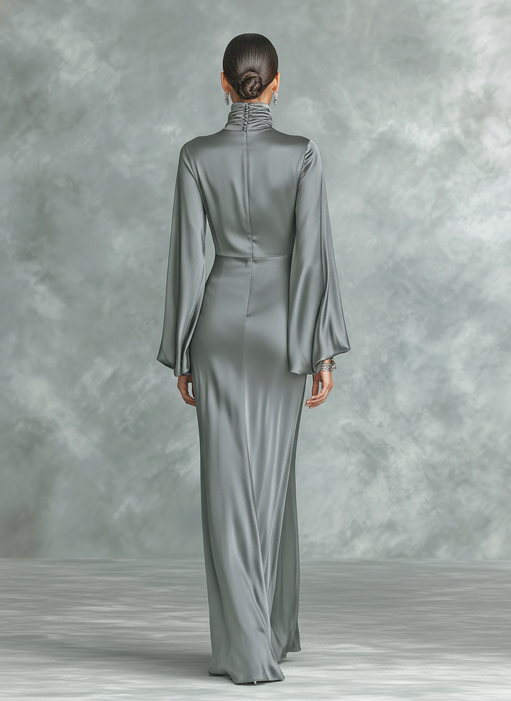 Satin Maxi Dress Long Sleeve High Neck Loose Fit Grey