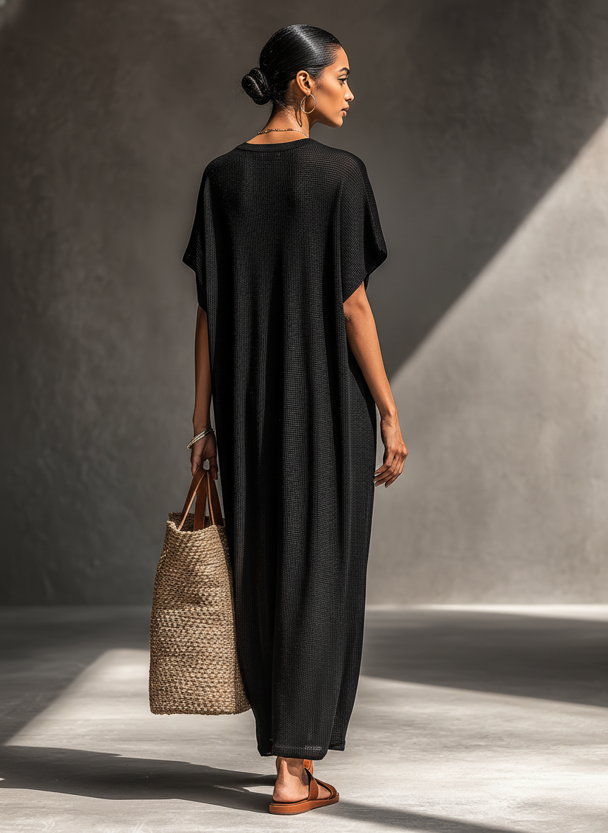 Sheer Knit Maxi Dress for Women Short Sleeve Minimalist