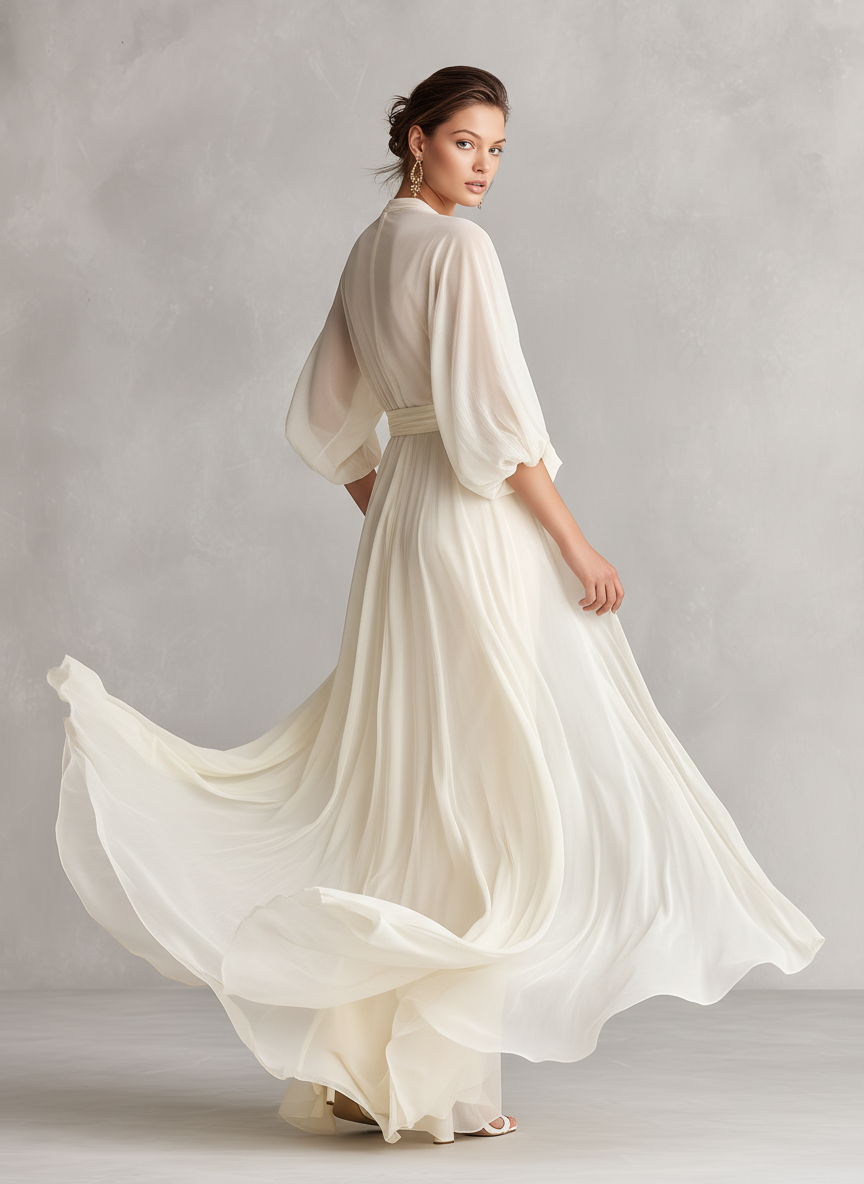 Ivory Chiffon Maxi Dress with Puff Sleeves and Wrap Detail