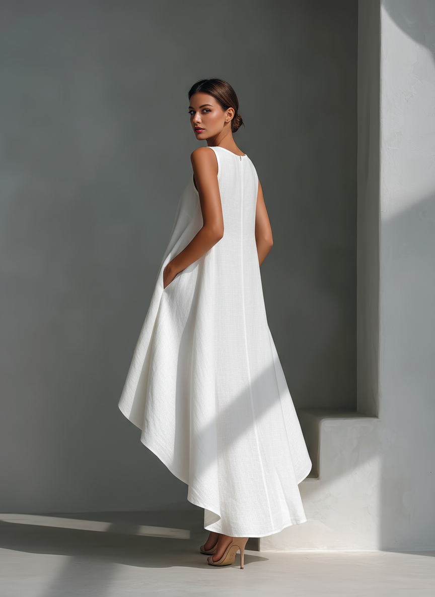 White Linen Midi Dress Sleeveless with Asymmetric Hem