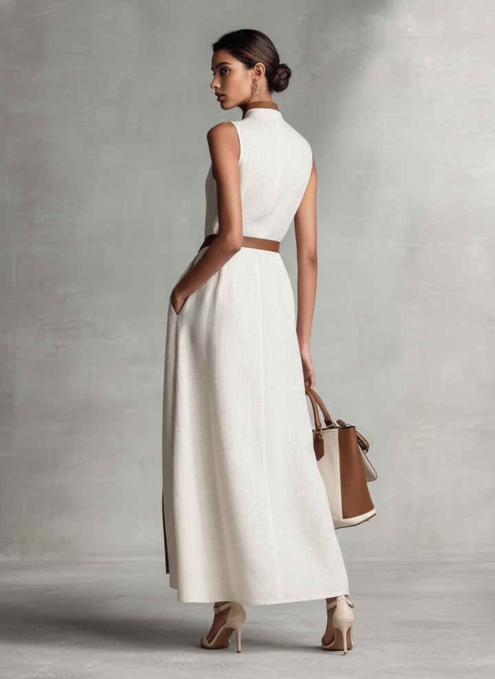 Cotton Linen Maxi Dress with Tie Waist and V-Neck