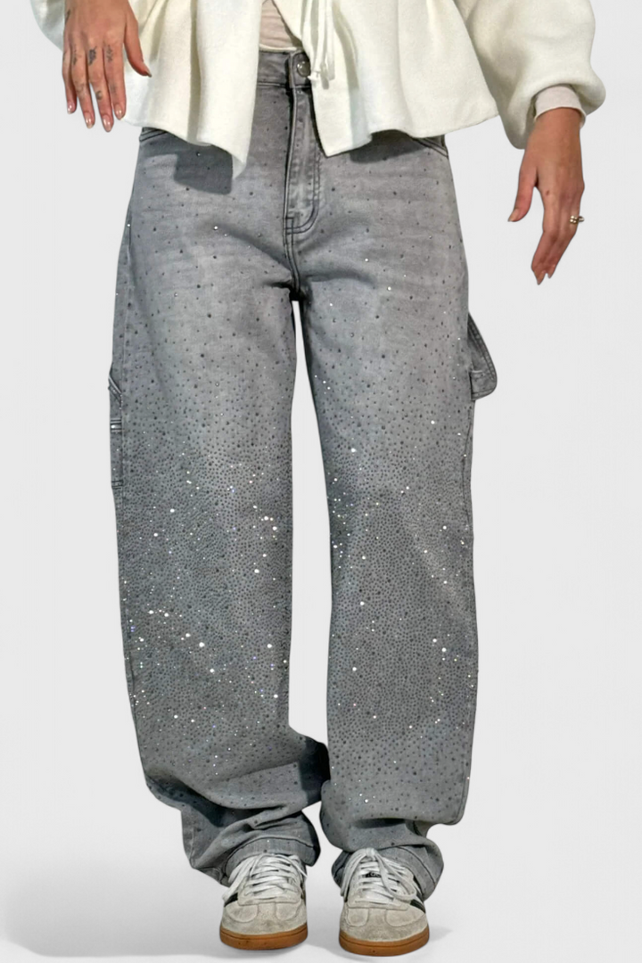 Cargo Balloon Jeans with Rhinestone Embellishments for Women