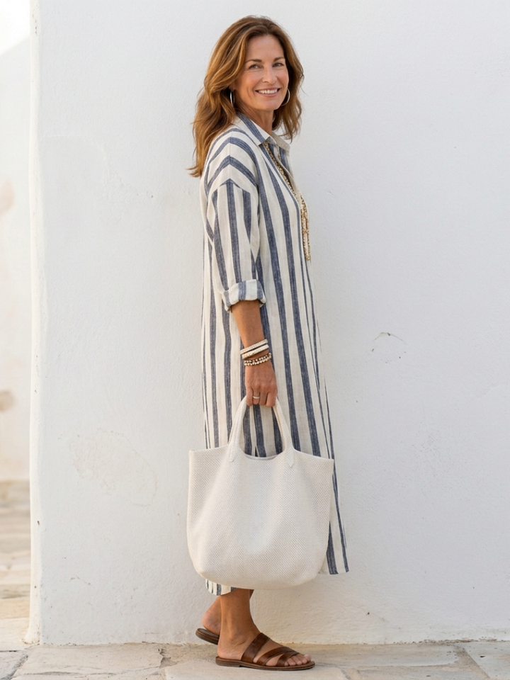 Naomi | Long Sleeve Striped Midi Shirt Dress
