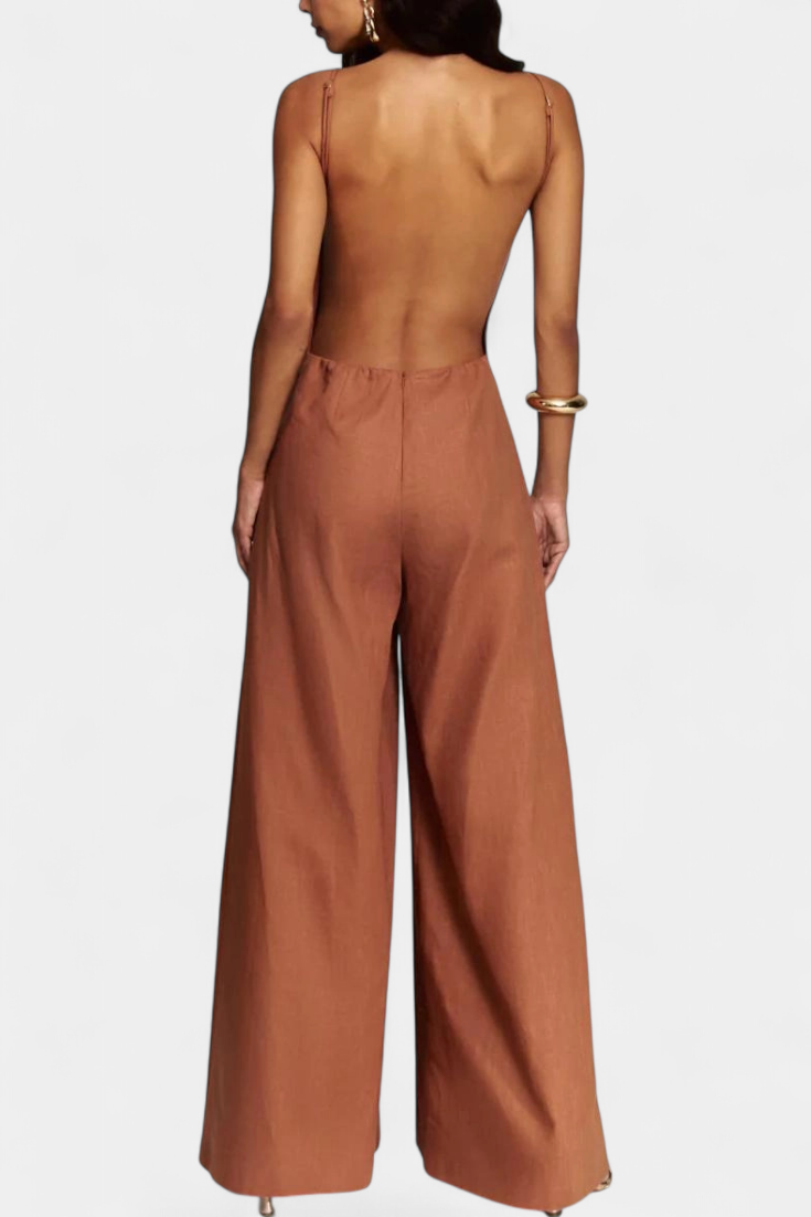 Wide Leg Halter Jumpsuit - Elegant Ramie Summer Outfit