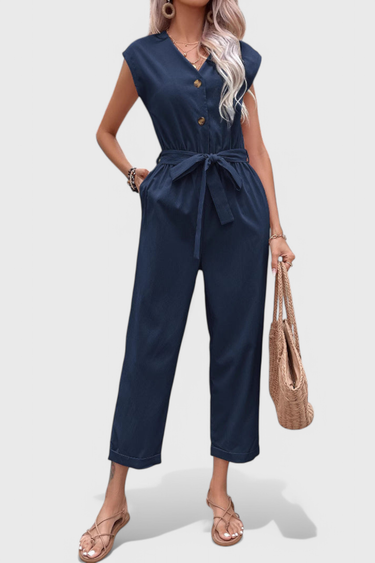Cotton Jumpsuit for Women - Sleeveless Button Front with Tie Waist