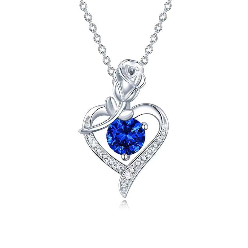 Heart Necklace White Gold with Sapphire Rose Design