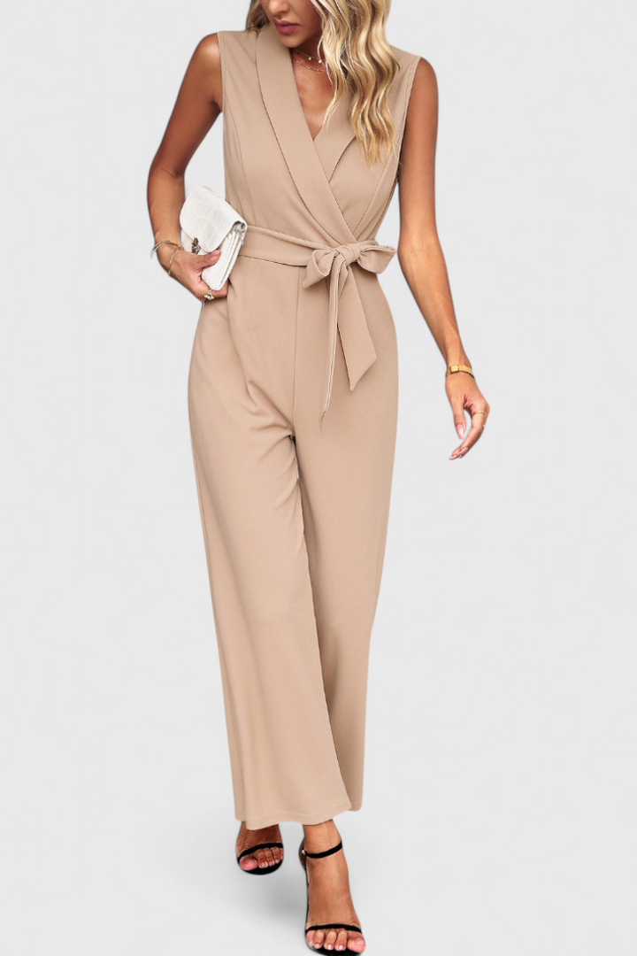 Wide Leg Jumpsuit with Adjustable Waist and Cross Back Detail