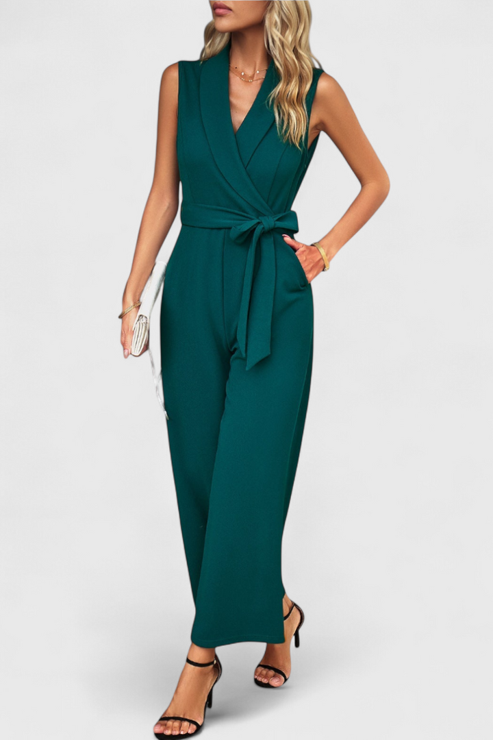 Wide Leg Jumpsuit with Adjustable Waist and Cross Back Detail
