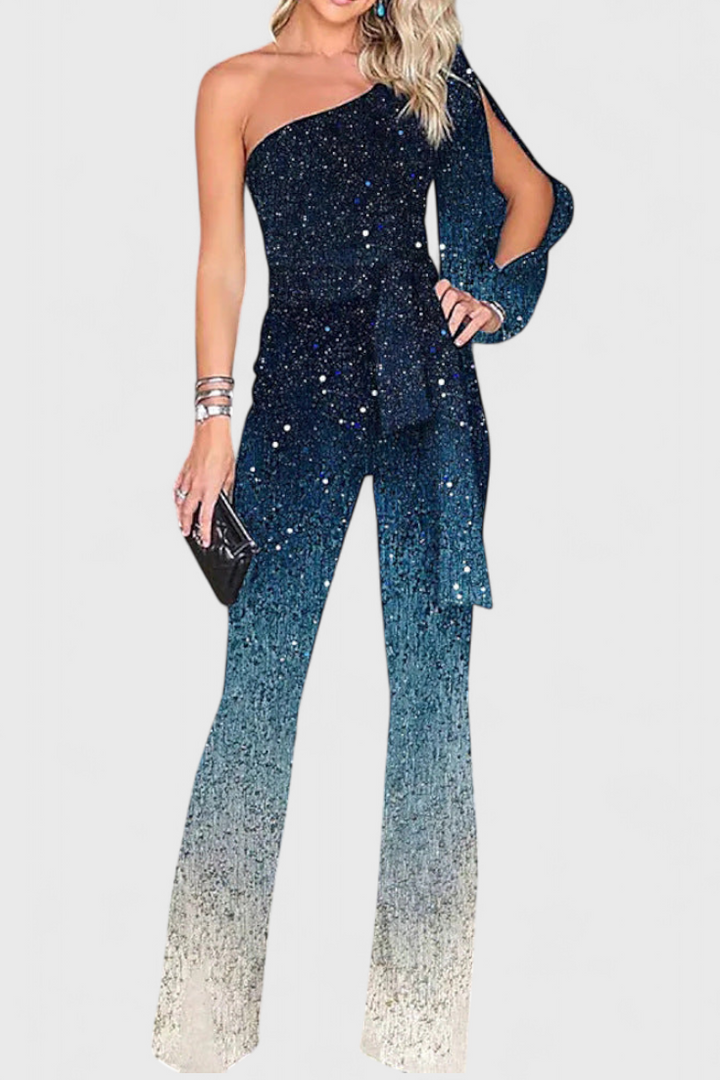 Asymmetrical Sequin Jumpsuit Wide Leg One Shoulder Formal