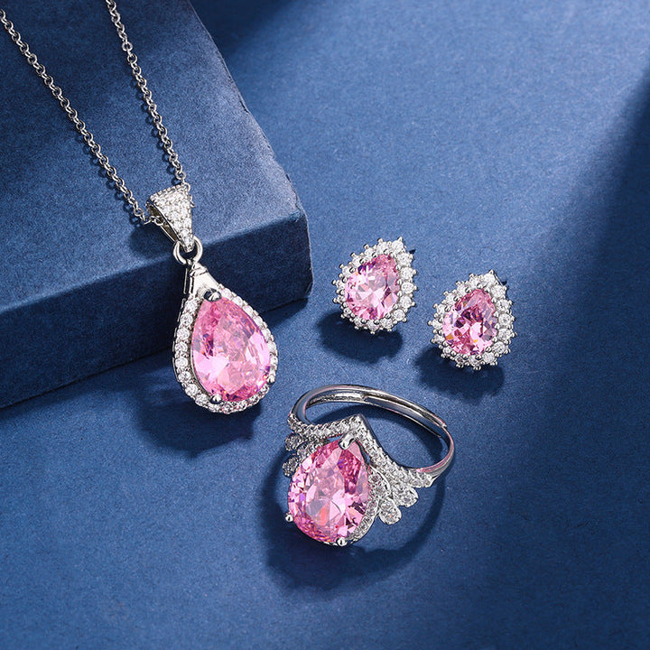 Teardrop Earrings and Necklace Set Pink White Gold Jewelry