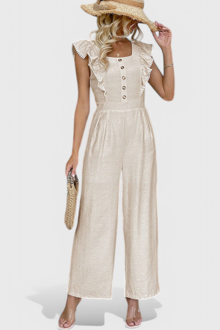 Linen Jumpsuit with Ruffled Sleeves and High Waisted Fit