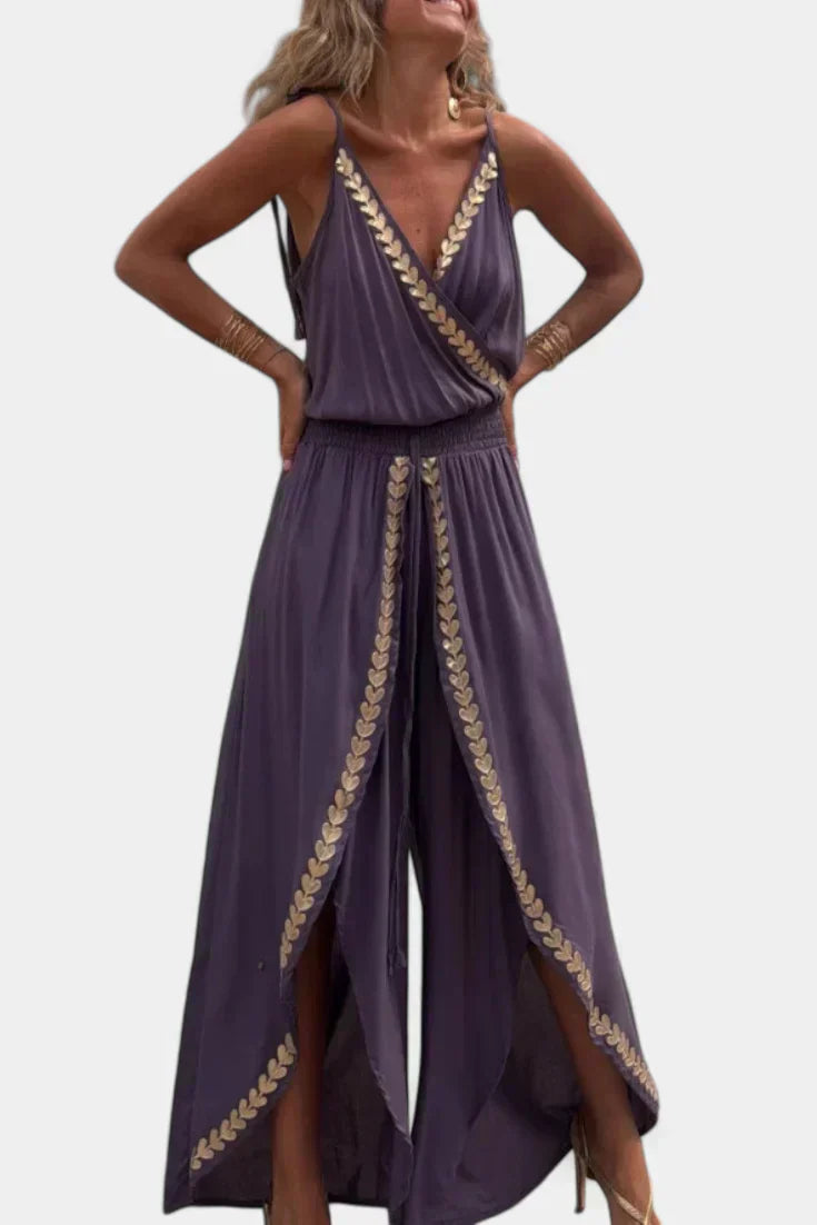 Backless Jumpsuit with Gold Accents and Crossover Neckline