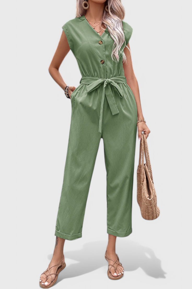 Cotton Jumpsuit for Women - Sleeveless Button Front with Tie Waist