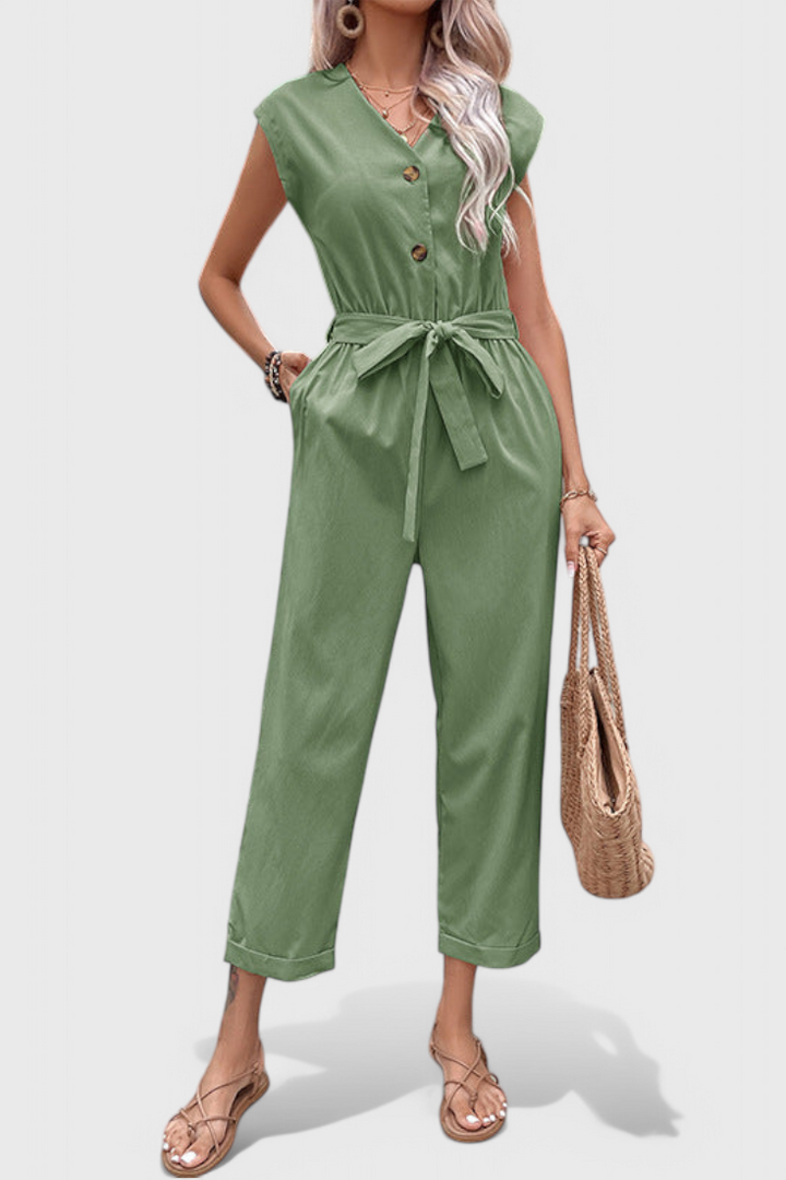 Cotton Jumpsuit for Women - Sleeveless Button Front with Tie Waist