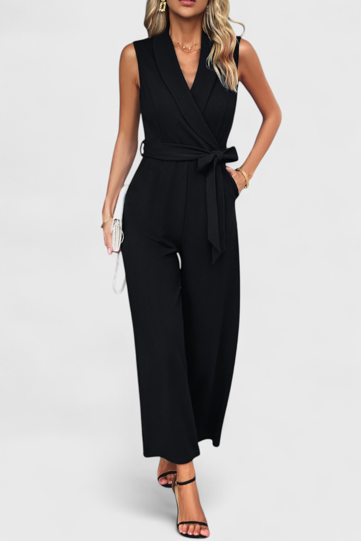 Wide Leg Jumpsuit with Adjustable Waist and Cross Back Detail