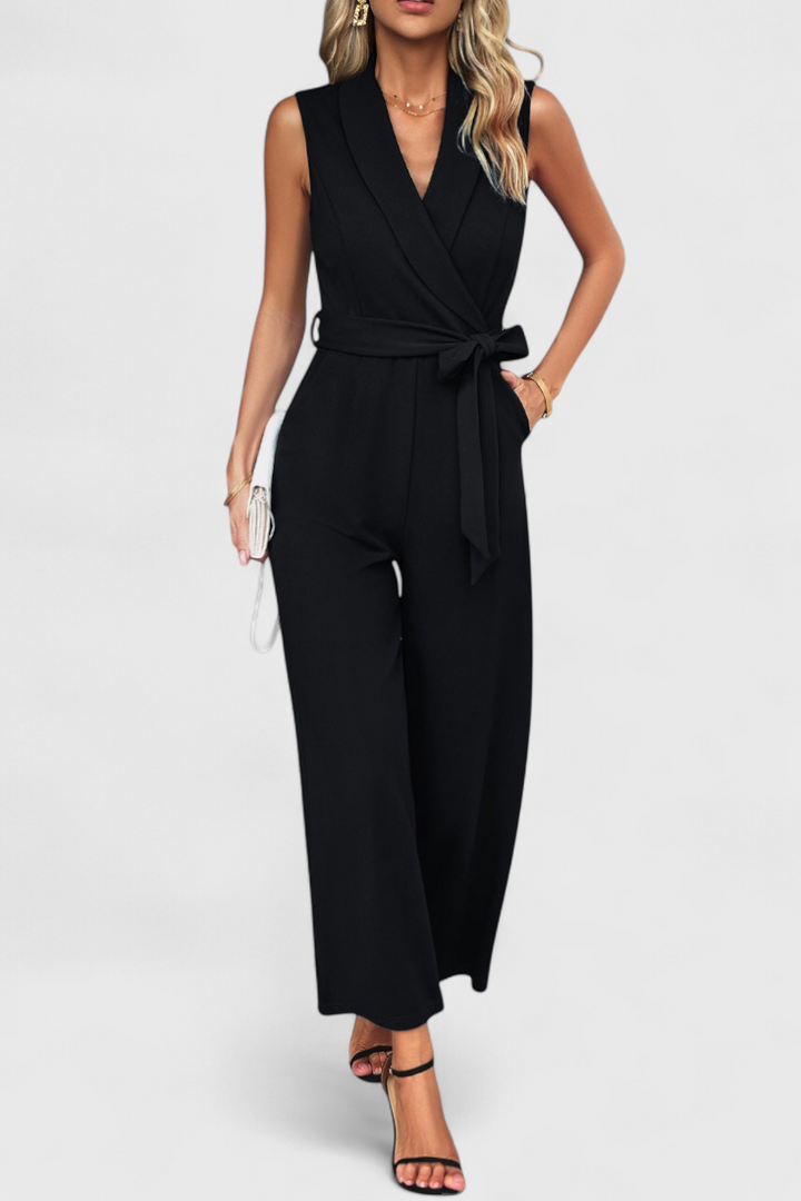 Wide Leg Jumpsuit with Adjustable Waist and Cross Back Detail