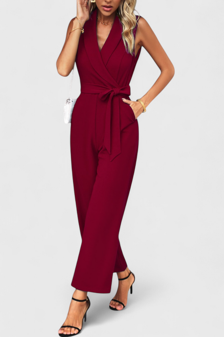 Wide Leg Jumpsuit with Adjustable Waist and Cross Back Detail
