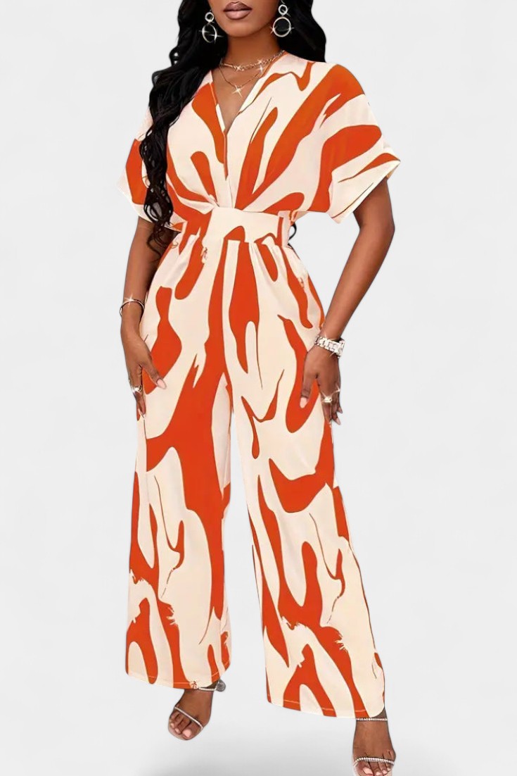 Wide Leg Jumpsuit V-Neck Abstract Print Elegant Occasion Wear
