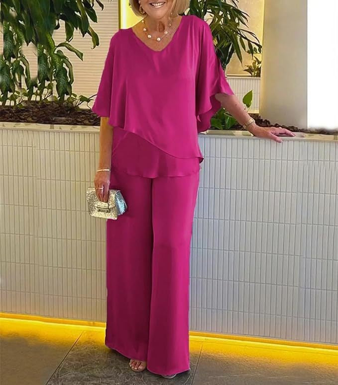 Wide Leg Pants Set for Women with Asymmetrical Top