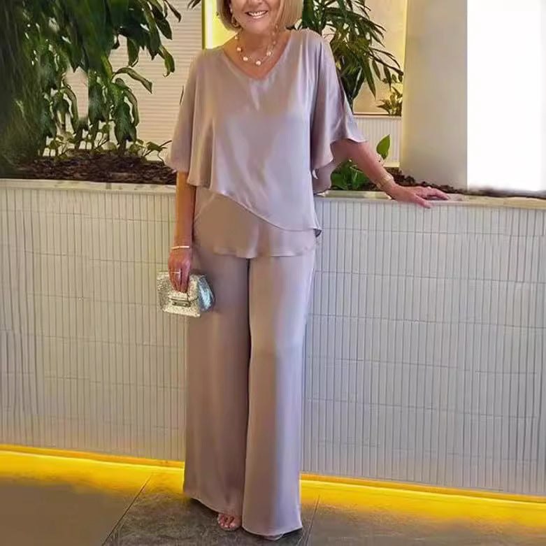 Wide Leg Pants Set for Women with Asymmetrical Top