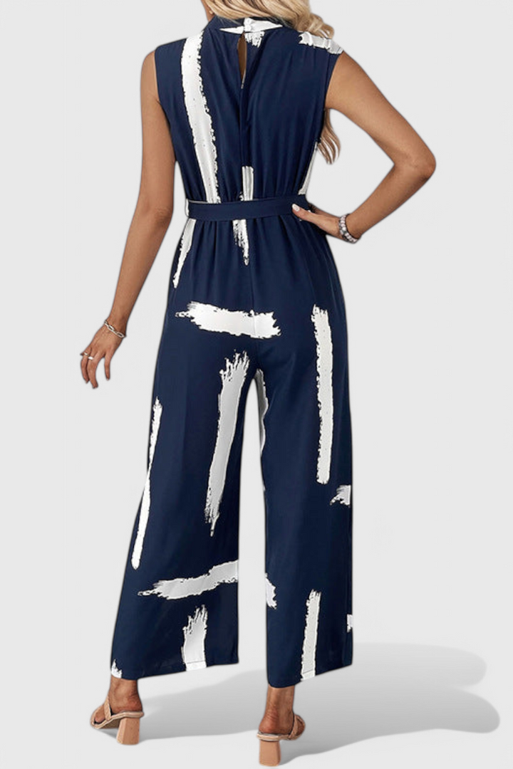 Wide Leg Jumpsuit with Tied Waist - Sleeveless Print Romper