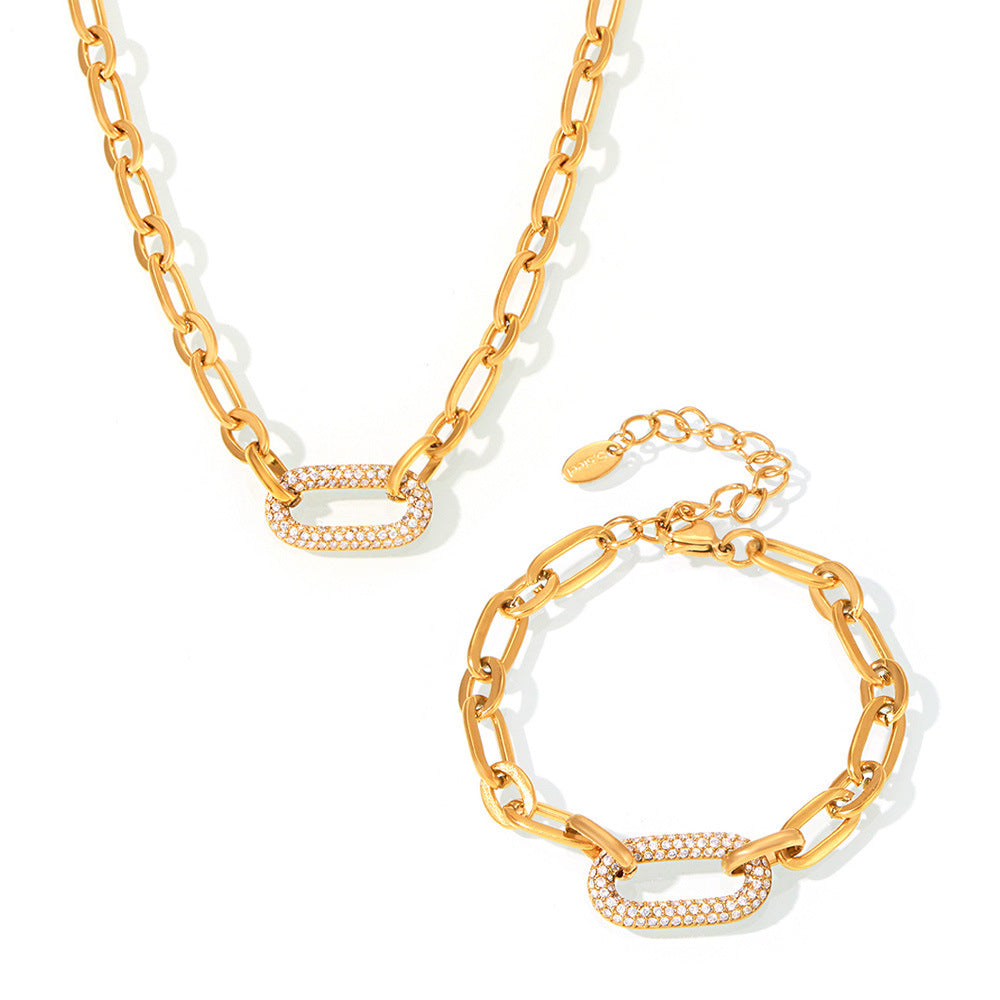 Gold Chain Link Jewelry Set | Chunky Pave Necklace and Bracelet