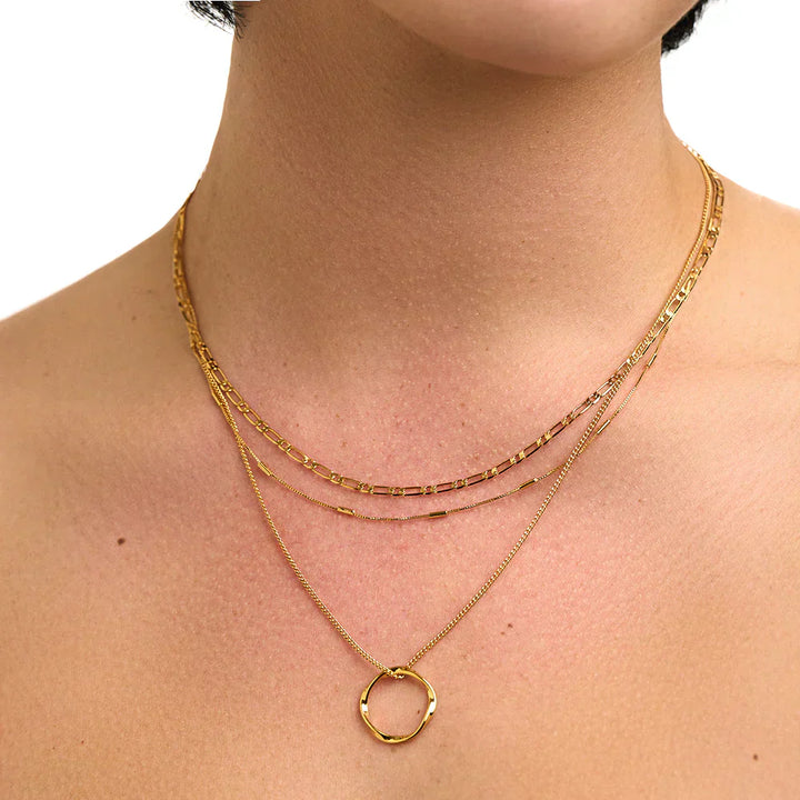 Gold Circle Necklace Three Row Layered Delicate Statement Jewelry