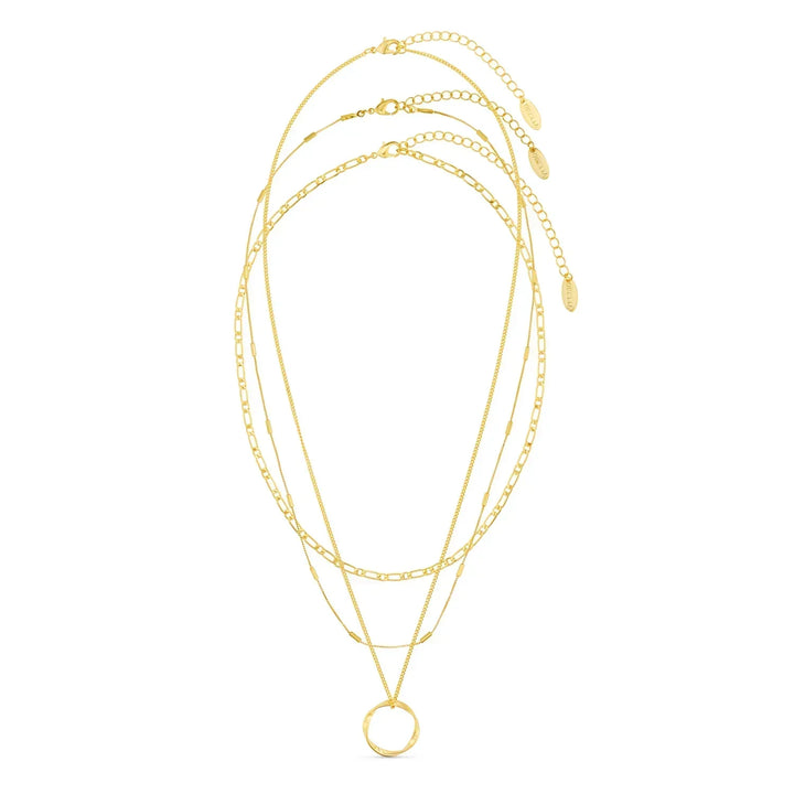 Open Circle Necklace Three Row White Gold Layered Pendant