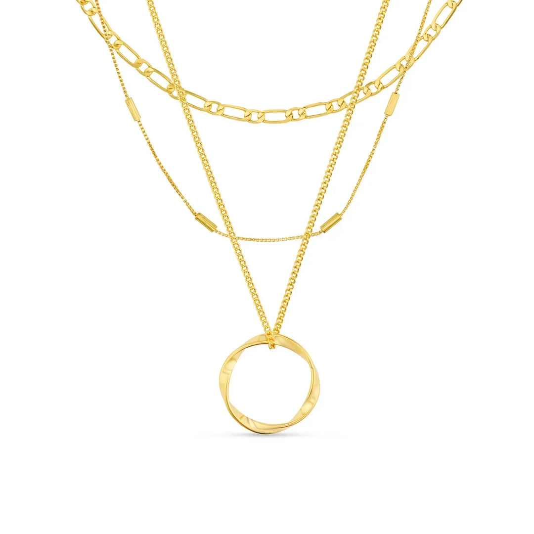 Open Circle Necklace Three Row White Gold Layered Pendant
