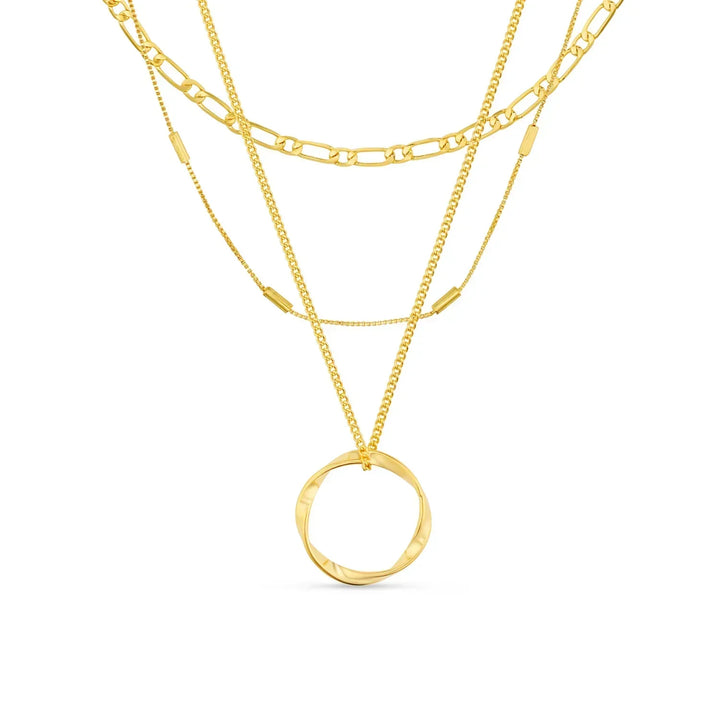 Open Circle Necklace Three Row White Gold Layered Pendant