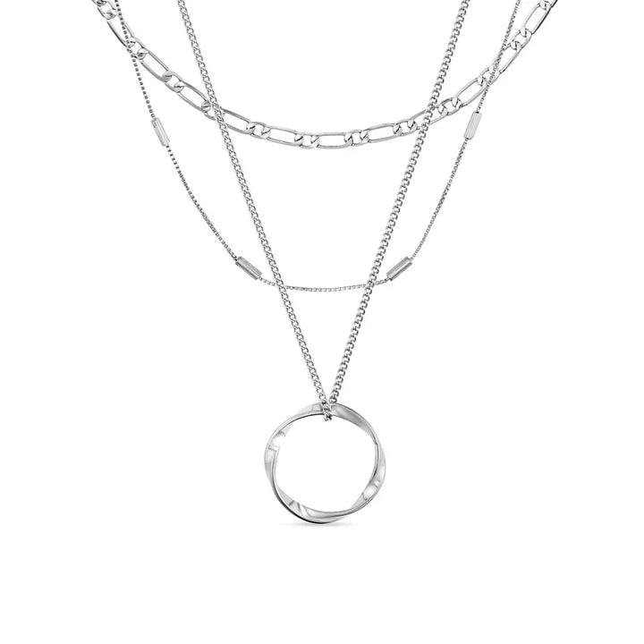 Open Circle Necklace Three Row White Gold Layered Pendant