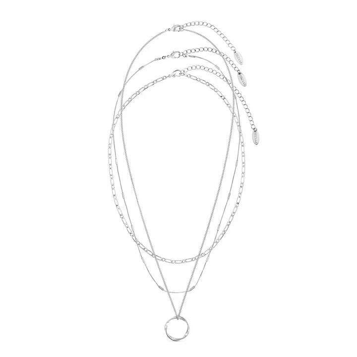 Open Circle Necklace Three Row White Gold Layered Pendant