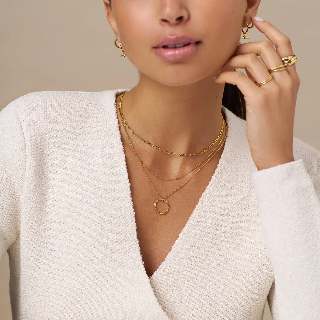 Gold Circle Necklace Three Row Layered Delicate Statement Jewelry