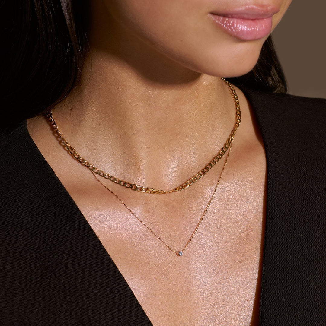 Gold Flat Link Curb Chain Necklace - Layering Statement Piece