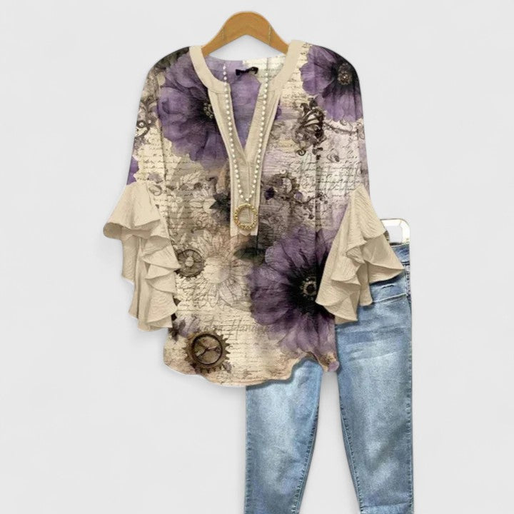 Ruffle Sleeve Blouse for Women - Elegant Printed Top