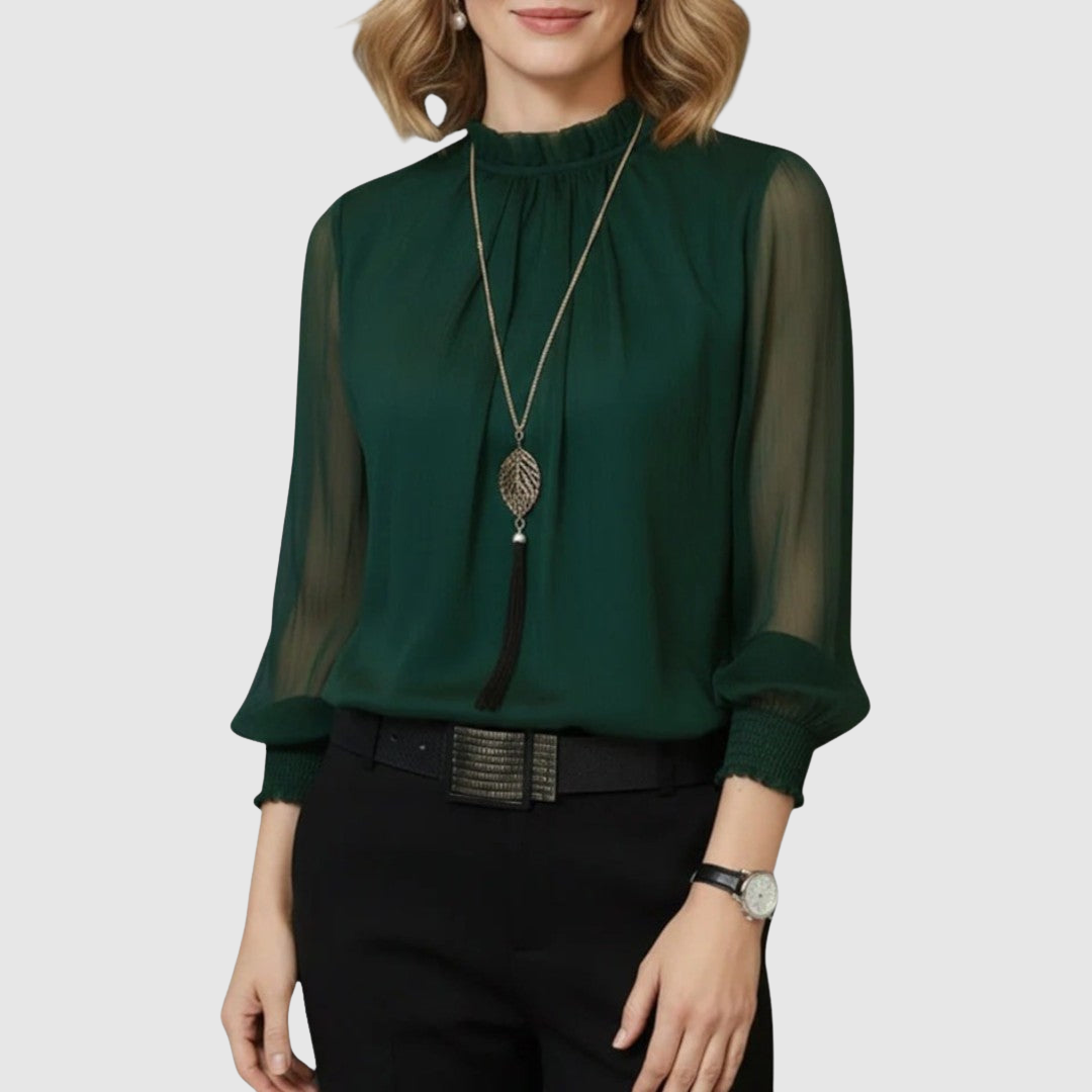 Elegant Blouse with Sheer Sleeves - Gathered Neckline Top