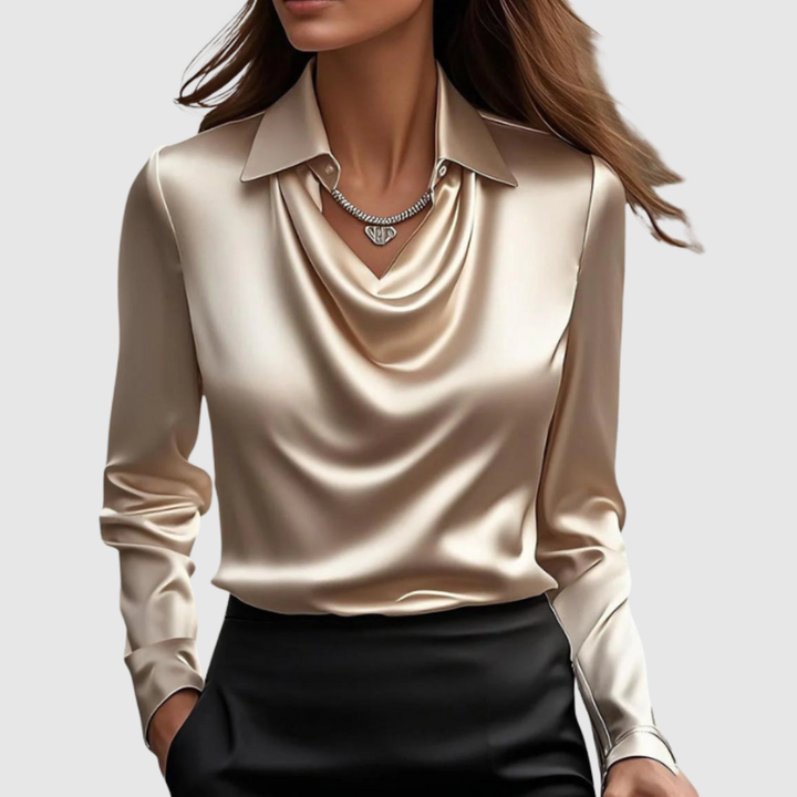 Glossy Blouse with Pleated Neckline for Women