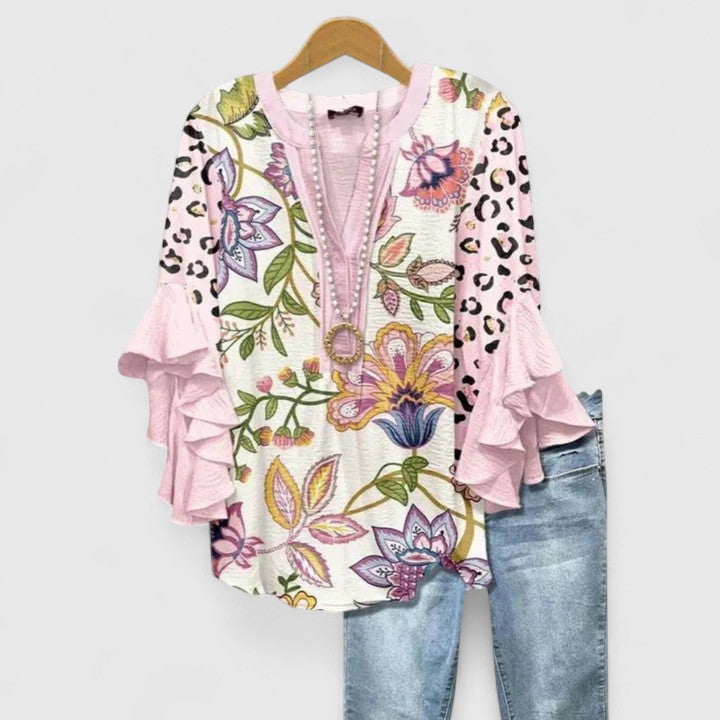 Ruffle Sleeve Blouse for Women - Elegant Printed Top
