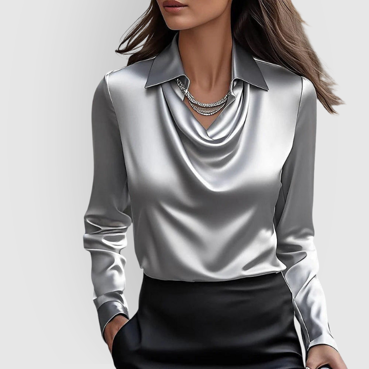 Glossy Blouse with Pleated Neckline for Women