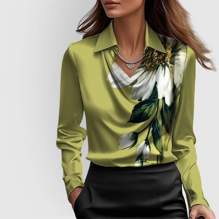 Glossy Blouse with Pleated Neckline for Women